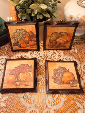 Vintage Homco Fruit Still Life Wall Plaques Set of 4 Wood Kitchen Decor